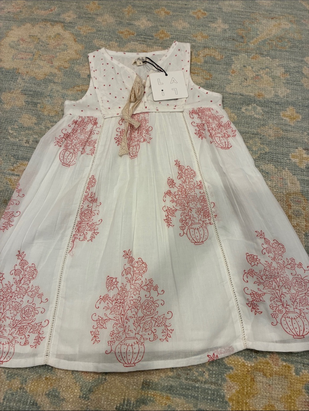 LAIT White Sleeveless Dress with Red Floral Motif